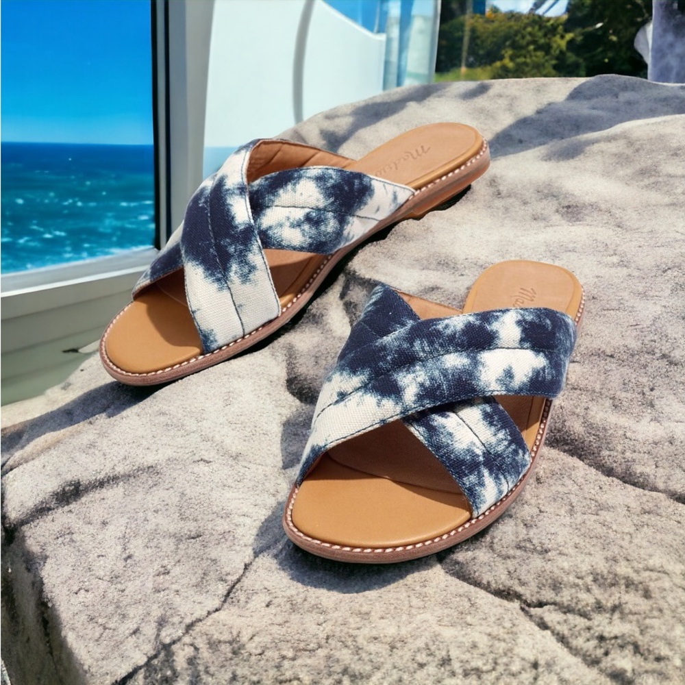New w/ Box! Madewell Puffy Strap Skyler Sandals Blue/White Tie-Dye Print, Size 7